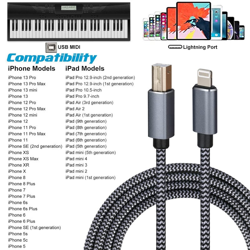 WORLDBOYU Lightning to MIDI Cable USB OTG Type B Cable for Select iPhone, iPad Models for Midi Controller, Electronic Music Instrument, Midi Keyboard, USB Microphone (15FT) - Image 5